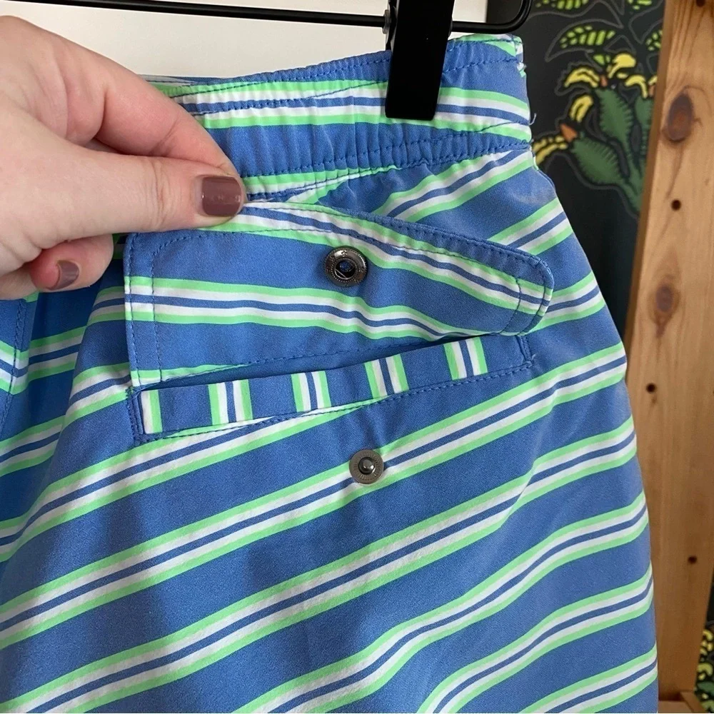 Onia Blue Green White Stripe The Calder Swim Shorts Trunks Small
